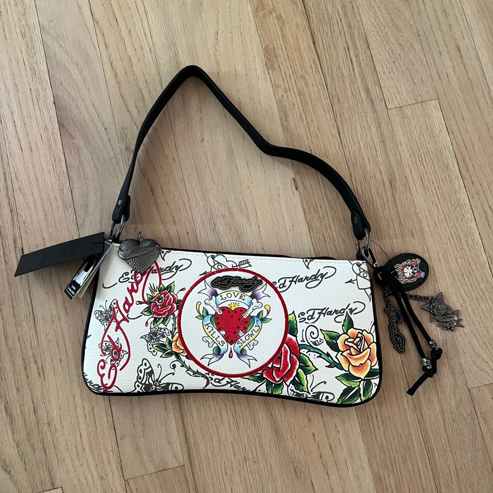Ed Hardy Love Kills Slowly Tattoo Print Vegan Leather Hobo Shoulder Bag White
